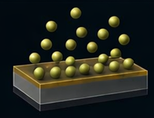Rendering of epitaxial film growth: atoms depositing onto a layered substrate