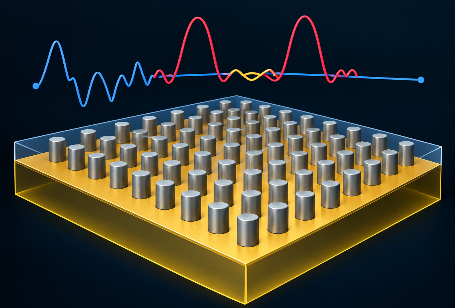 Rendering of a metasurface pillar array with its spectral response curves